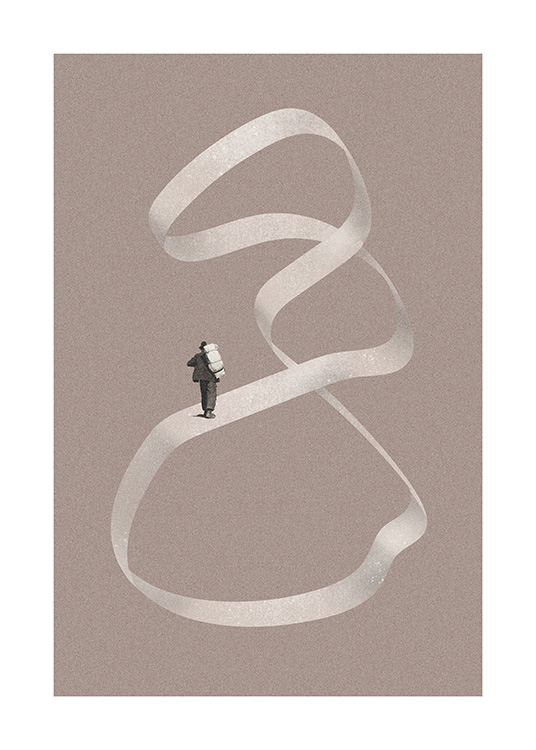  – Illustration of a man walking on a swirling shape against a grey background