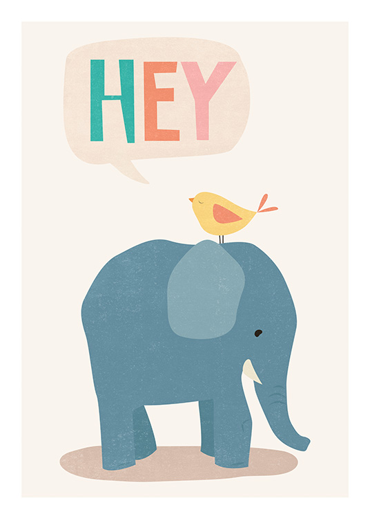  – Illustration with a yellow bird sitting on a blue elephant, and the word 