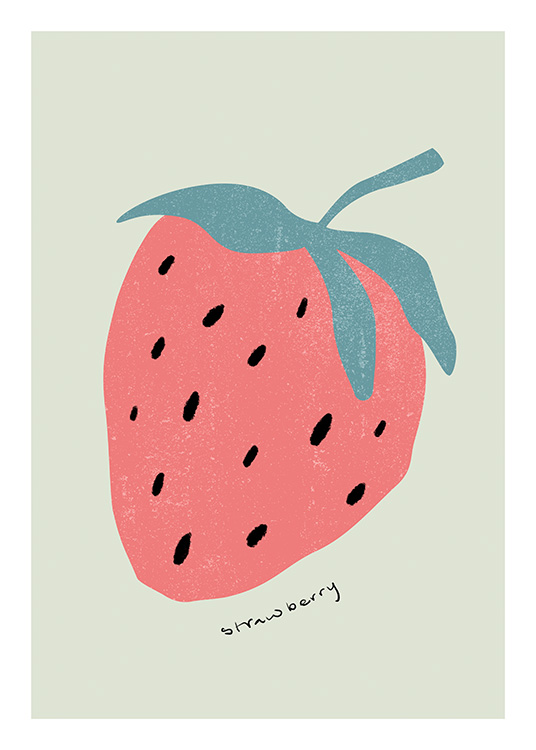  – Illustration of a red strawberry and black text against a light green background