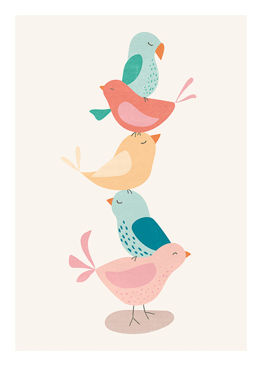  – Illustration of colourful birds balancing on top of each other on a light background