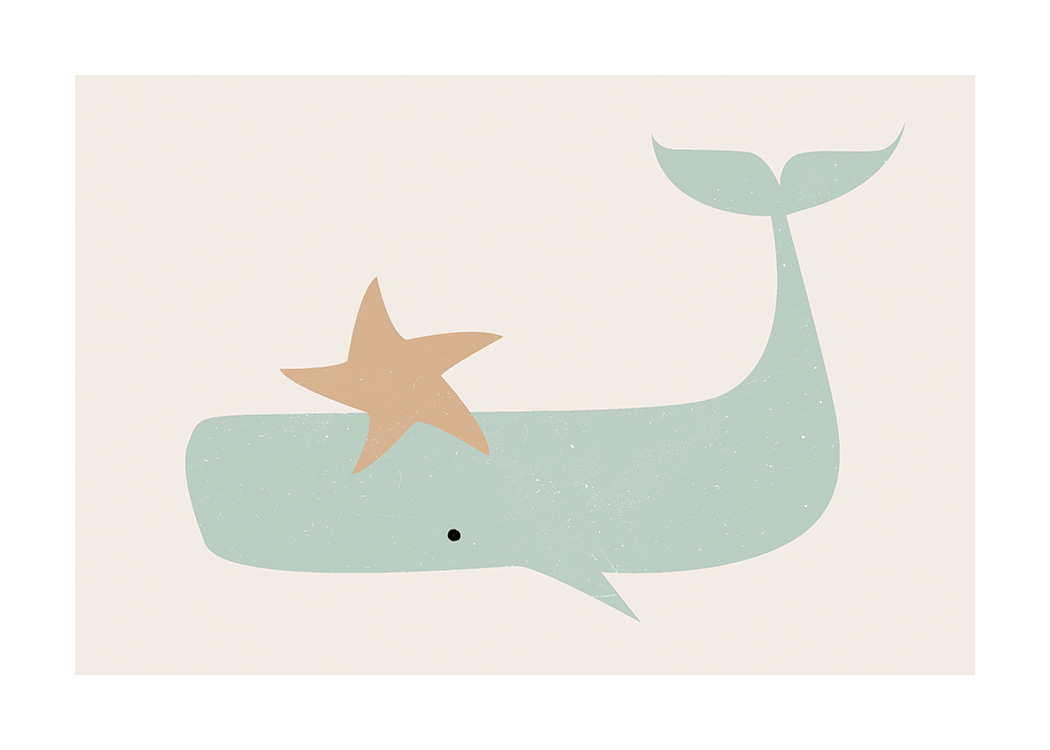  – Graphic illustration of a beige star and a green whale on a light beige background