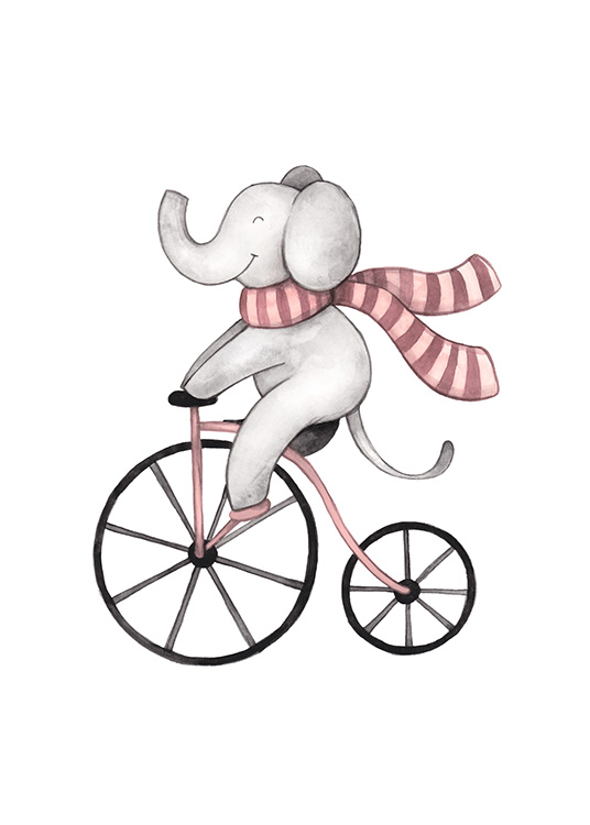  – Illustration in watercolour of a grey, smiling elephant on a bike wearing a striped scarf