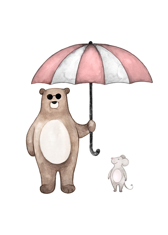  – Illustration in watercolour of a little mouse and bear with sunglasses standing under an umbrella