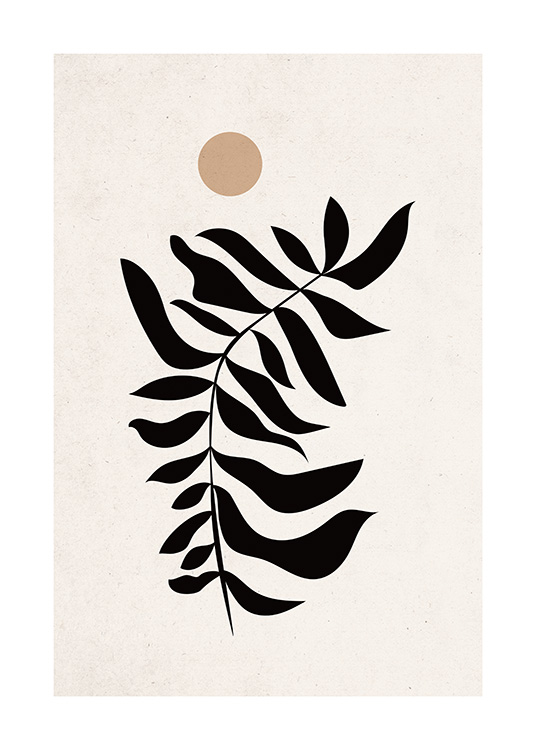  – Graphic illustration with a beige circle and black leaf against a background in beige