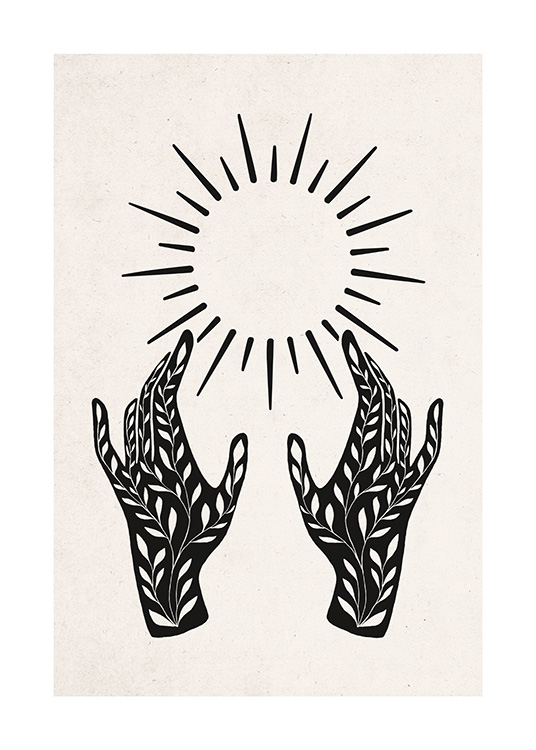  – Graphic illustration with sun rays above black hands with a leaf pattern on a beige background