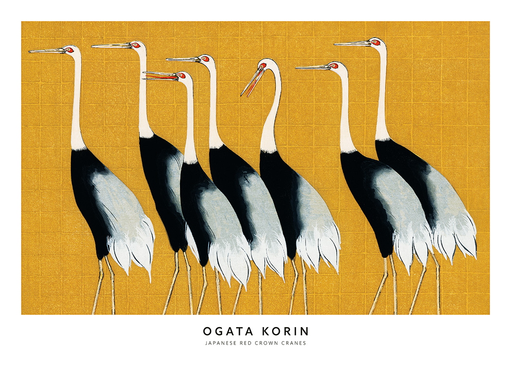  – Painting of cranes with red eyes against a yellow background with a grid effect
