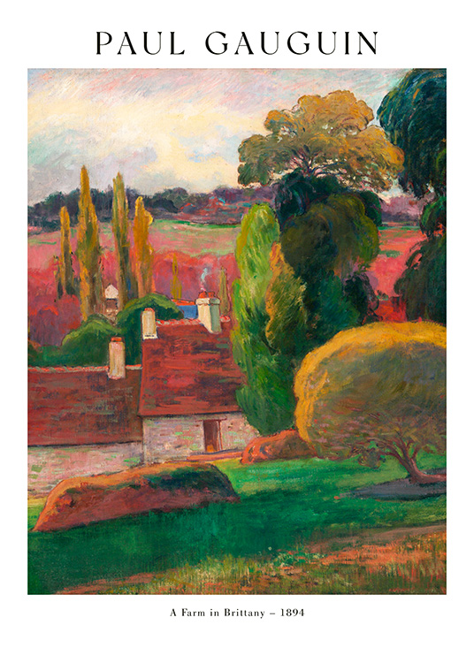  – Painting of a colourful landscape in red and green with two housesin the middle