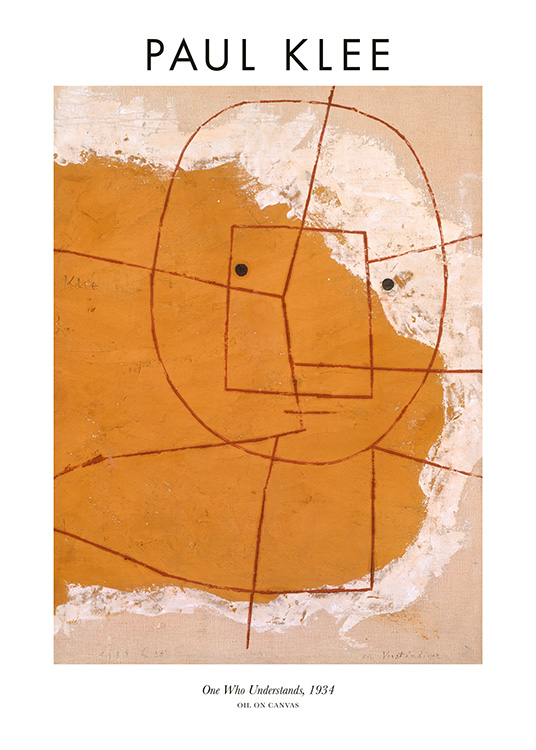  – Painting with an abstract face drawn with lines on a beige and yellow background