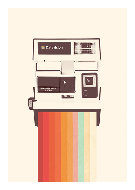  – Illustration of an old polaroid camera with a rainbow at its bottom, against a light background