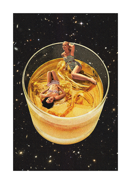  – Illustration of a glass of whiskey in space, with two women in vintage swimwear in the glass