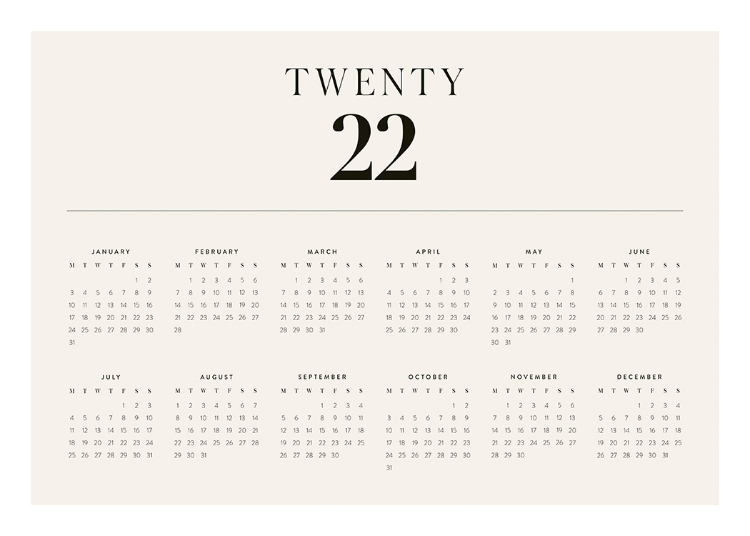  – A 2022 yearly calendar in beige with black text showing all months and dates