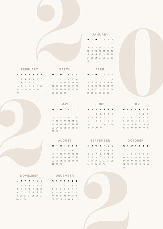  – Yearly 2022 calendar with black text on a beige background, and beige numbers