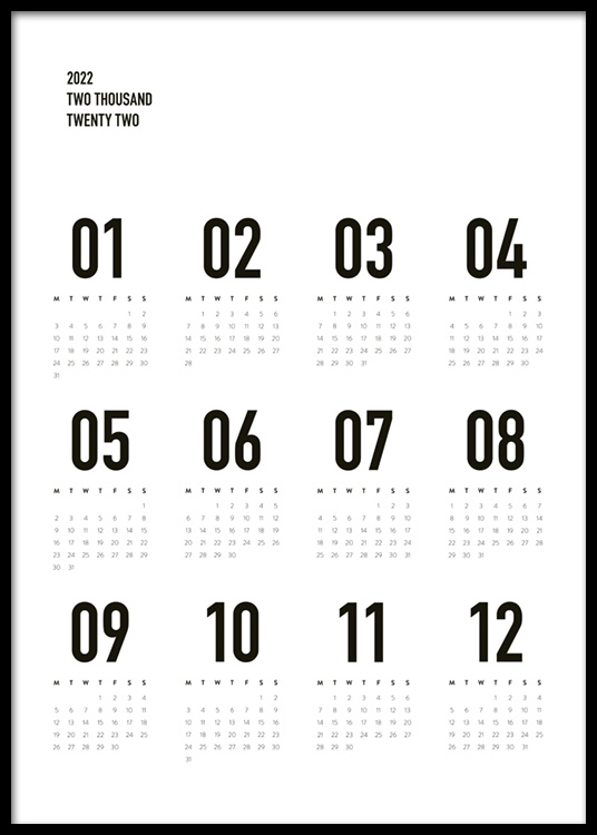 Calendar 2022 B&W Poster - Calendar 2022 Black And White - Desenio.co.uk