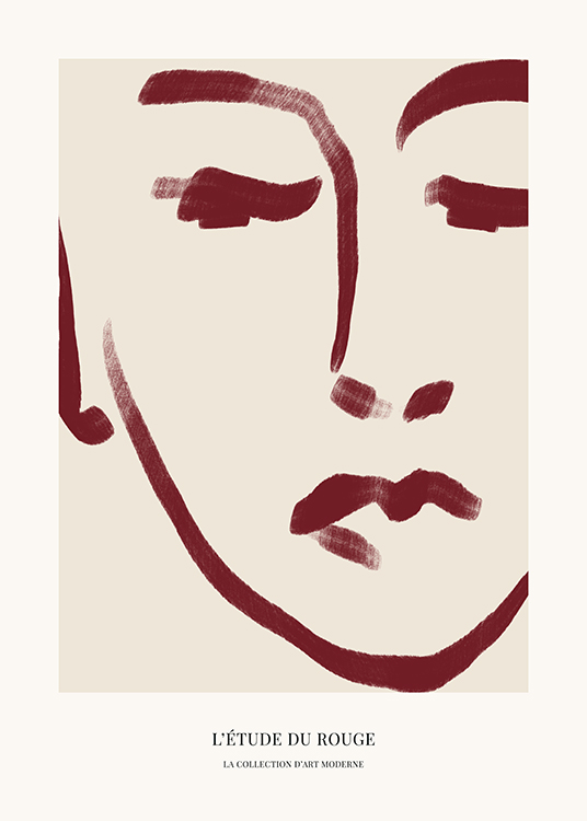 – An abstract illustration of a dark red face on a background in light beige and text underneath
