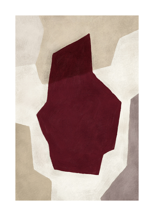 – An abstract painting with overlapping shapes in dark red and beige
