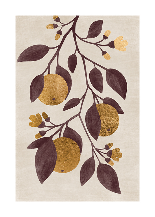 – A graphic illustration of lemons in gold and brown leaves against a beige background