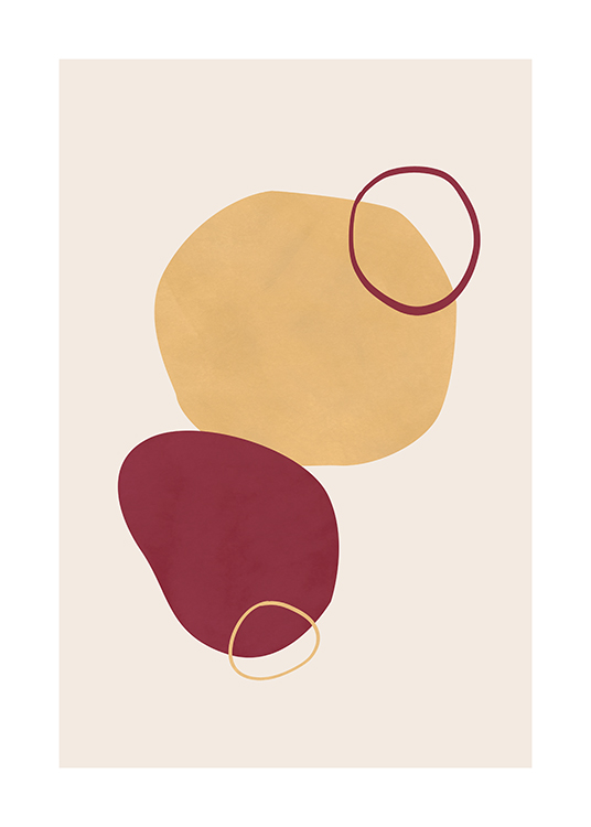 – An illustration with dark red and yellow textured circles against a background in light beige
