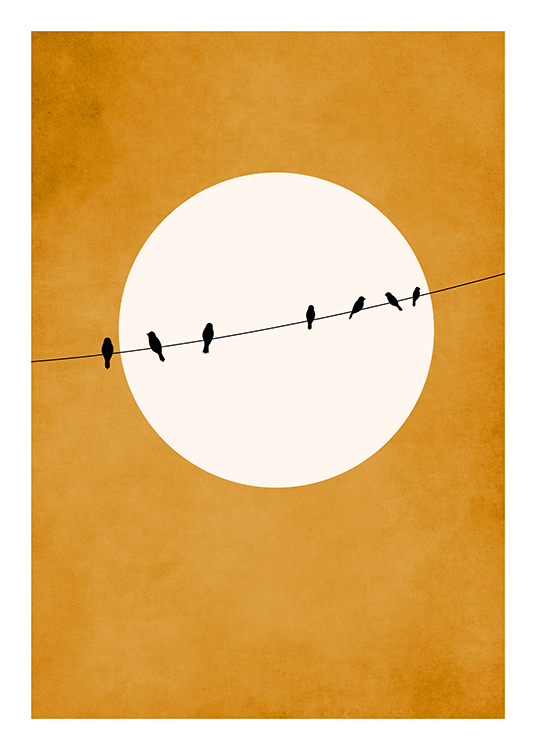 – A graphic illustration with birds on a line and a white moon and orange sky behind them