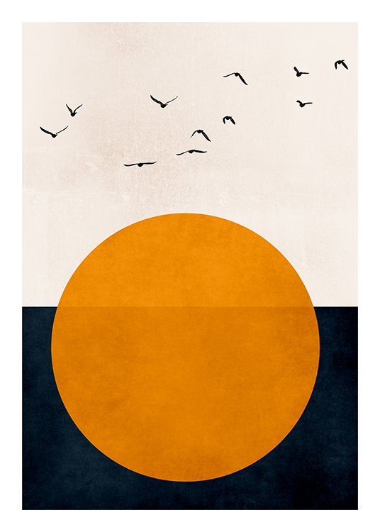 – A graphic illustration with black birds and an orange sun on a dark grey and light beige background