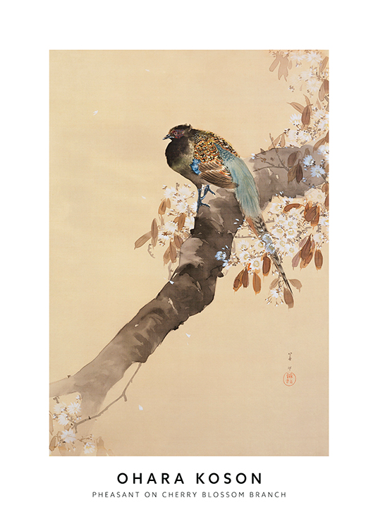 – A painting of a bird sitting on a branch with white cherry blossoms