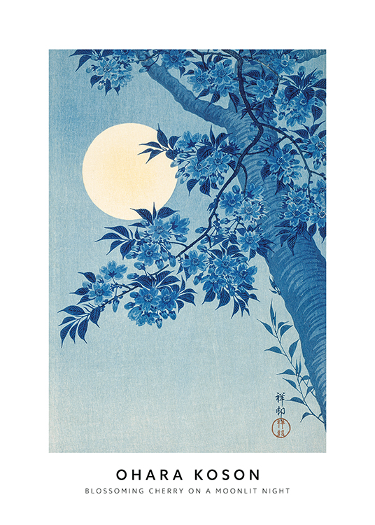 – A painting of a cherry blossom tree in blue, on a blue background with a moon