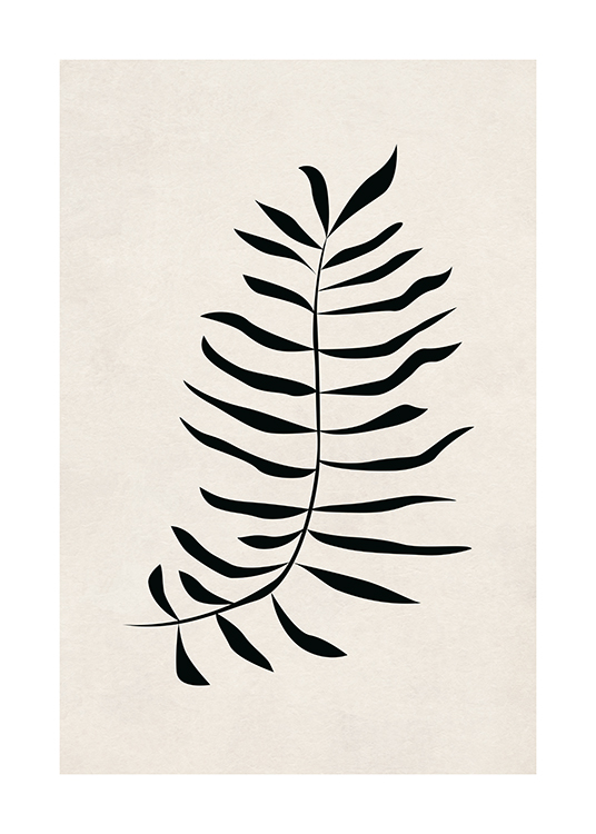 – Graphic illustration of a single leaf in black, on a textured background in beige