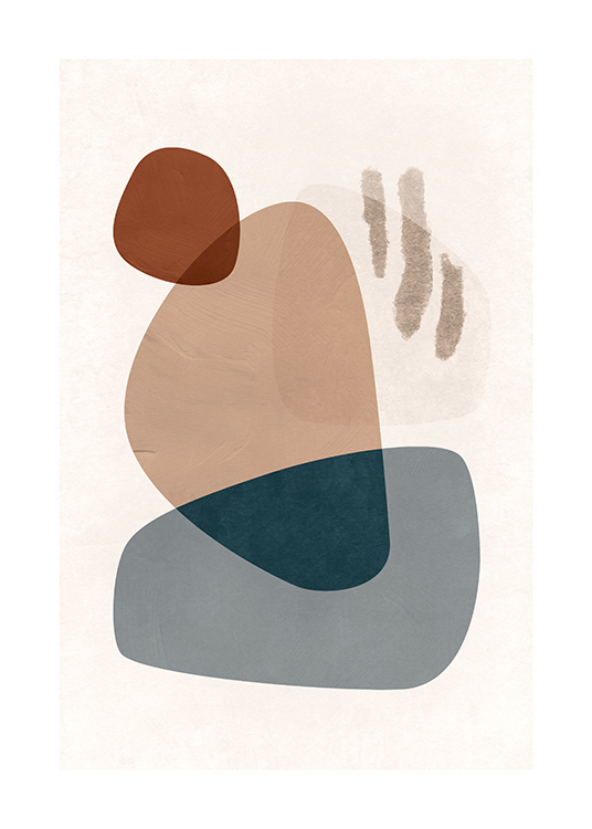– Graphic illustration with abstract shapes in grey-blue, beige and brown on a light background