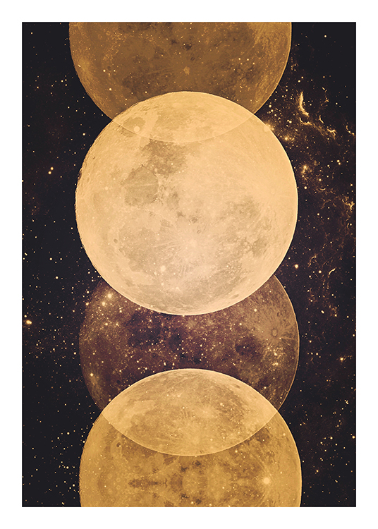 – Illustration of a line of moons in gold, surrounded by sparkles against a dark background