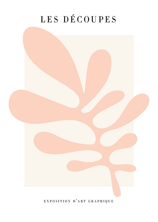 – Graphic illustration with an abstract leaf in pink on a light beige background and text at the top and bottom