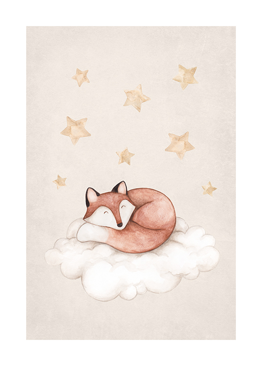– Illustration in watercolour of a sleeping fox laying on a cloud, with stars above it