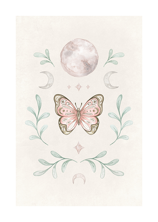 – Illustration in watercolour with a beige and pink butterfly and moons and leaves around it