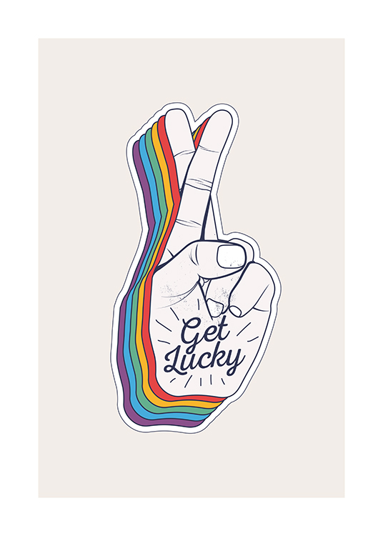 – Illustration of a hand with crossed fingers in rainbow colours and text in the palm
