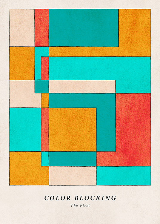 – A print with colourful blocks in turquoise, beige, orange and red