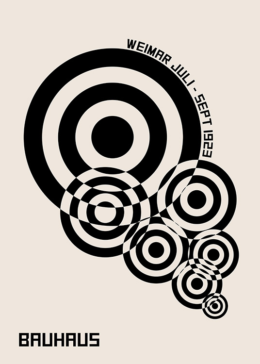 – A poster with black circles in different sizes in a beige background.