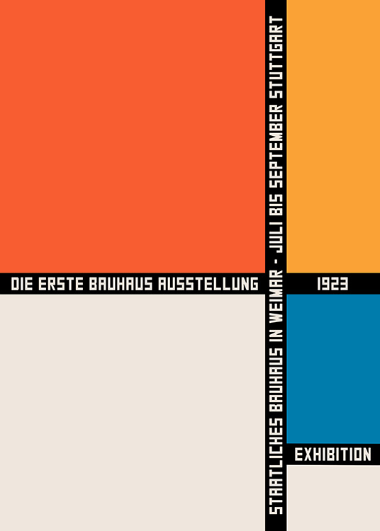 – A Bauhaus print built up in geometric colour blocks with strong colours in grey, red, orange and blue