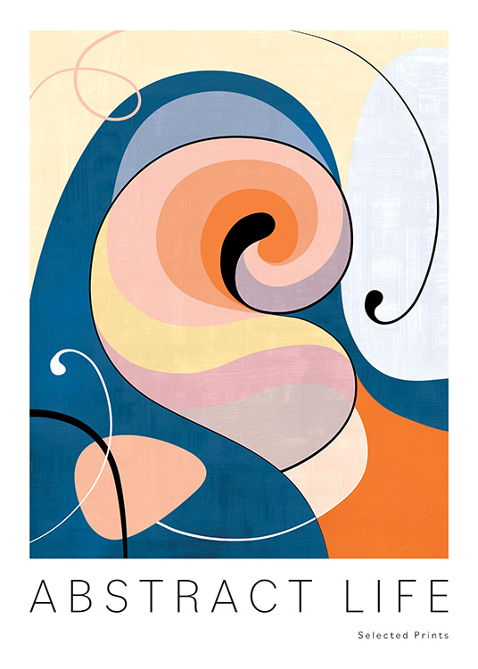 – Abstract art print in orange, blue, yellow and pink