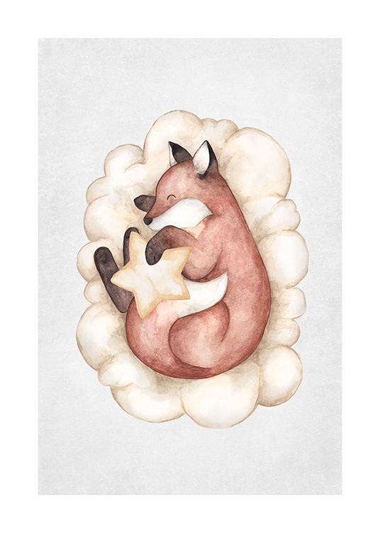 – Watercoloured art print of a sleeping fox in brown