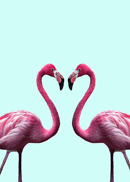  - Beautiful animal poster with two pink flamingos whose two heads together form a heart shape
