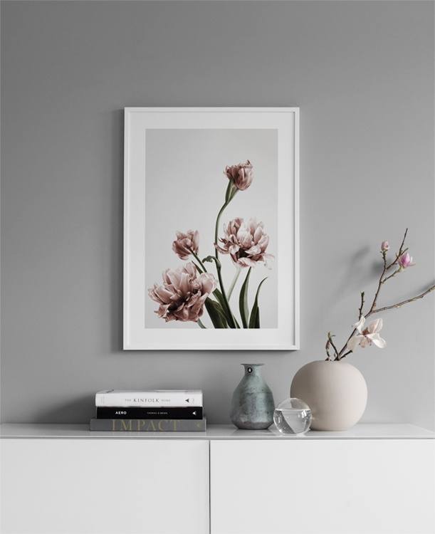  – Photograph of a bunch of pink tulips in full bloom against a grey background