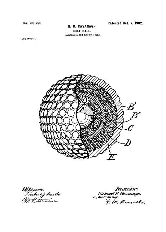  - Black and white patent drawing of a golf ball.