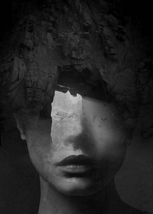  - Modern photo art with motif of a portrait and a cave combined in black and white