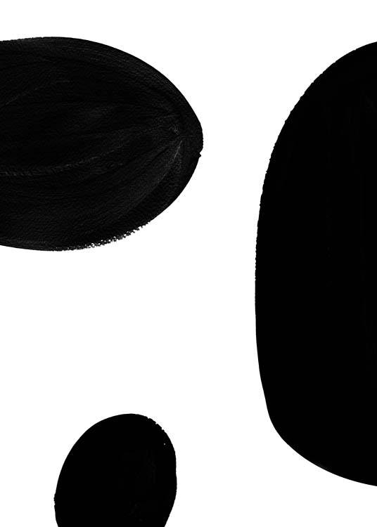 - Abstract art poster with black round shapes on a white background.