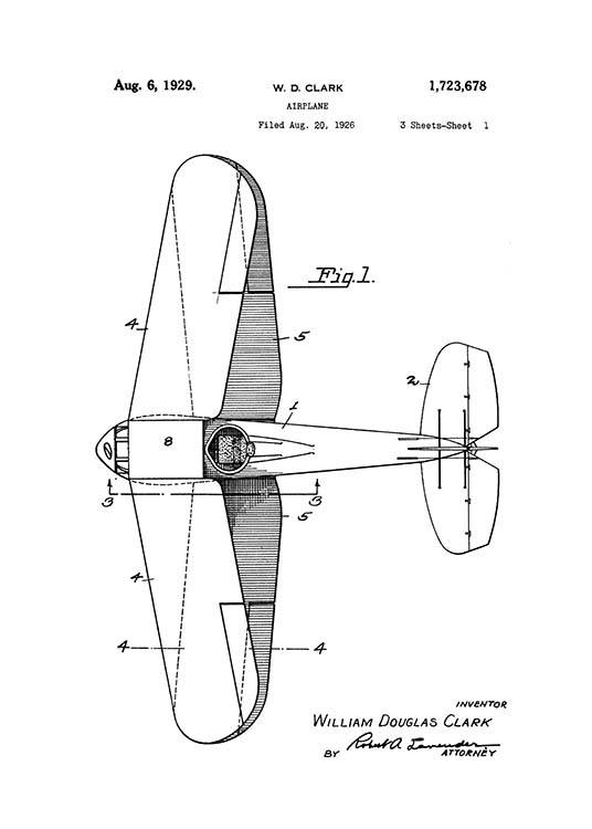  - Old patent drawing of an aircraft in black and white.