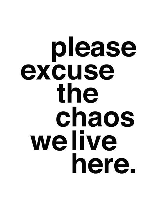  - Poster with the quote “please excuse the chaos we live here” suitable for those who don’t like tidying up