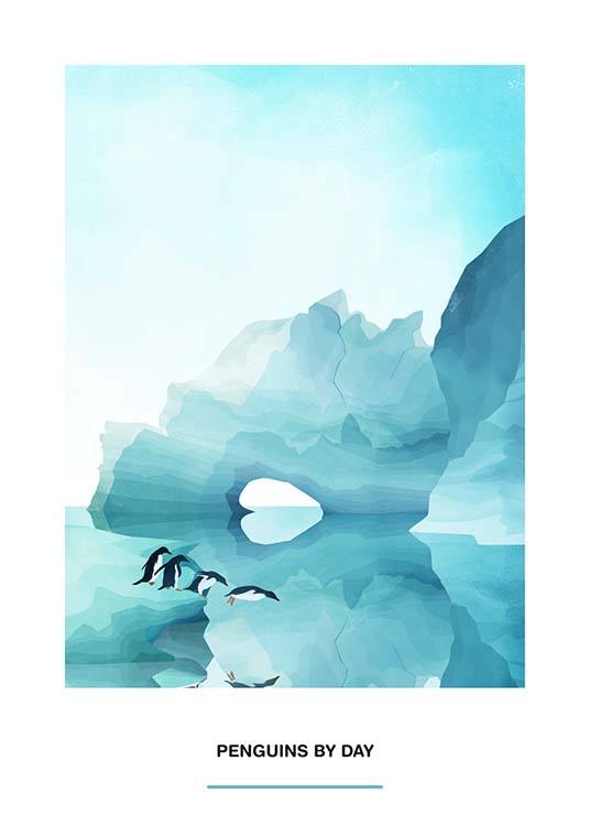  - Great illustration with penguins surrounded by icebergs.