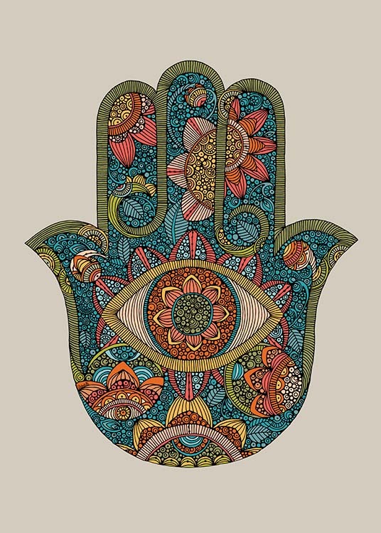  - Colourful illustration poster with the hamsa symbol of luck- the hand of Fatima bestowing blessings.