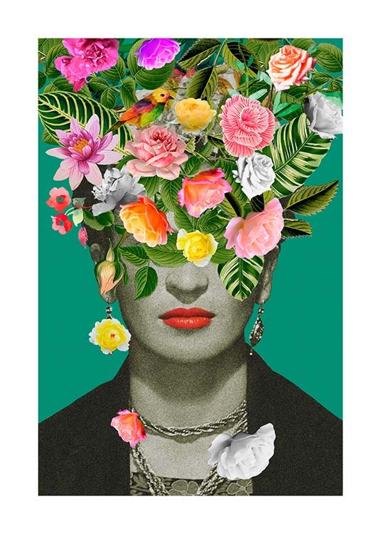  – Graphic illustration with Frida Kahlo covered in flowers against a green background