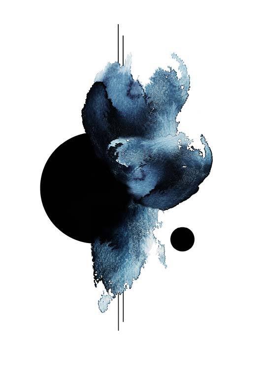  – Aquarelle painting with abstract shapes in black and blue on a white background