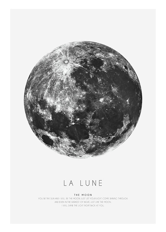  – Black and white graphic print with a black and white moon and text underneath it