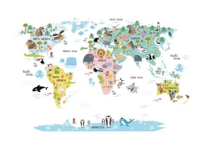  – World map with illustrated continents and animals on them